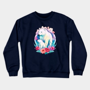 Polar Bear and Cub Floral Aesthetic Print Crewneck Sweatshirt